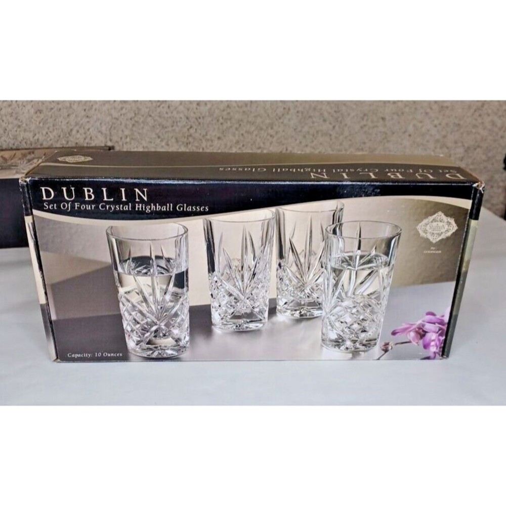 Set of 4 Shannon Dublin Crystal Highball Glasses 10oz Lead Crystal Barware NOS